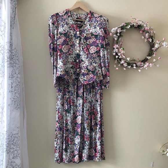 John Roberts Vintage Floral Shirt Dress Two Piece Size 5 / 6 - Picture 1 of 13